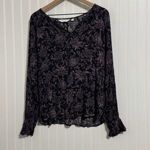 Encore by Idina Menzel Peasant Top L Black Floral Viscose Smocked Cuff Blouse‎